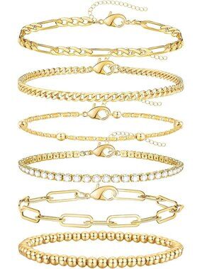 14K Gold Plated Stackable Charm Bracelets Set - Adjustable Waterproof Layered